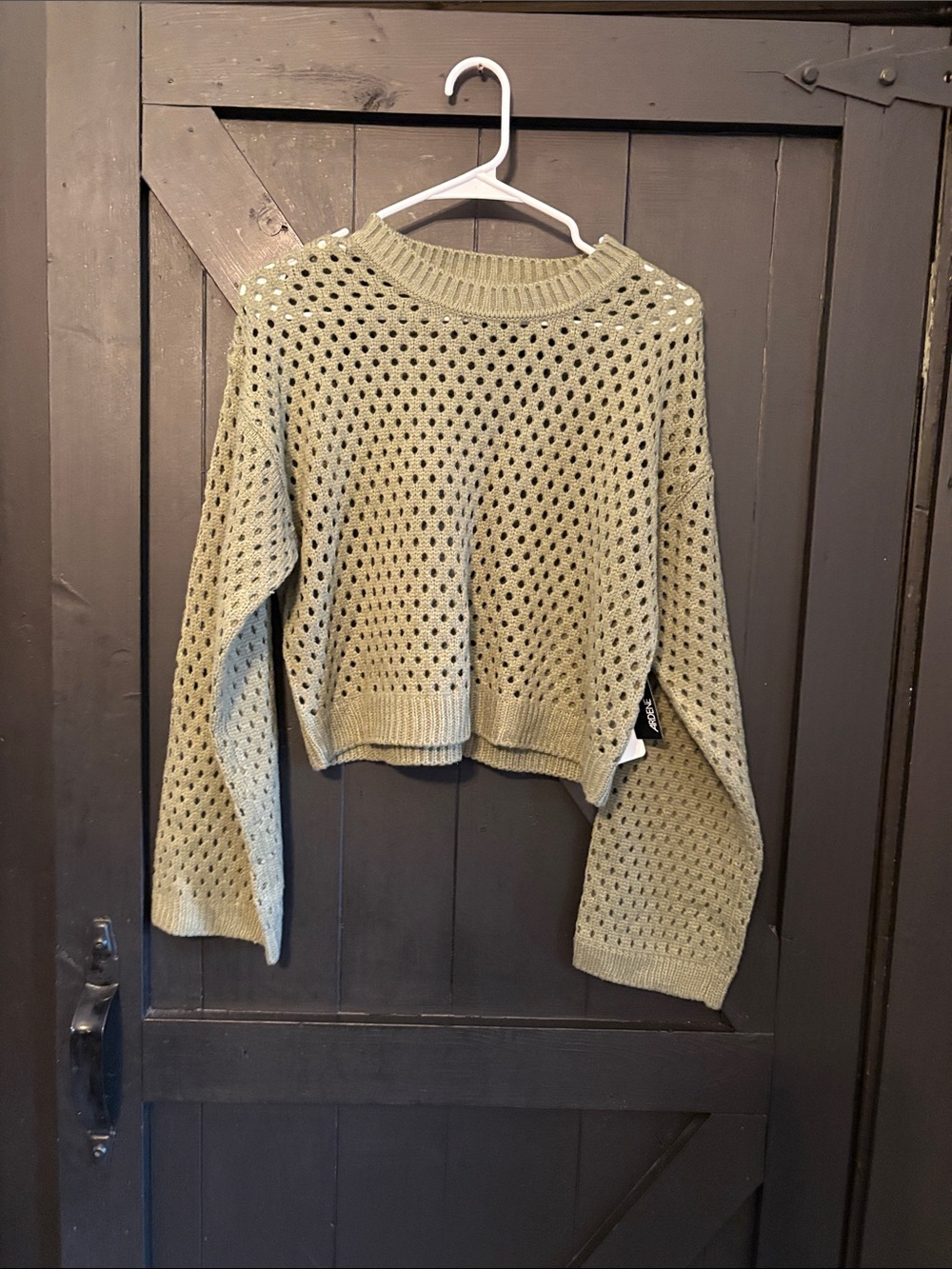 Ardene Olive Open-Weave Cropped Crewneck Sweater